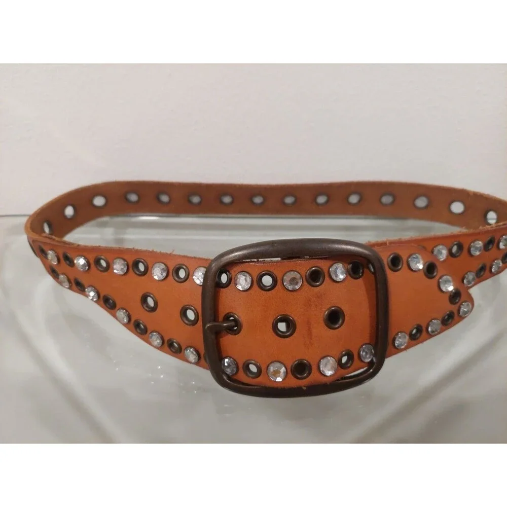 Gap 1969 Studded Rhinestone Leather Belt Massive Buckle Closure Brown Small